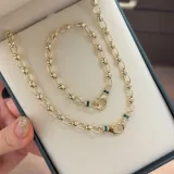 Yeşil Boncuklu Oval Halka 14K Altın Kaplama Kolye - 1