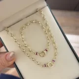 Pembe Boncuklu Oval Halka 14K Altın Kaplama Kolye - 2