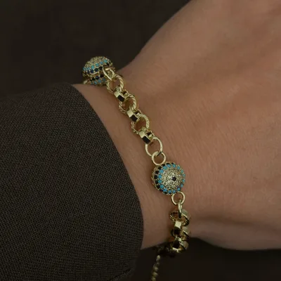 Taşlı Nazar Boncuklu 14K Altın Kaplama Bileklik