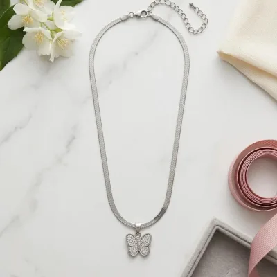 Silver Taşlı Kelebek Çelik Kolye - ikinci görsel