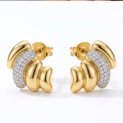 Gold Silver Taşlı Dalga Küpe - ikinci görsel