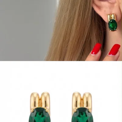 Zümrüt Yeşili Oval Taşlı Küpe