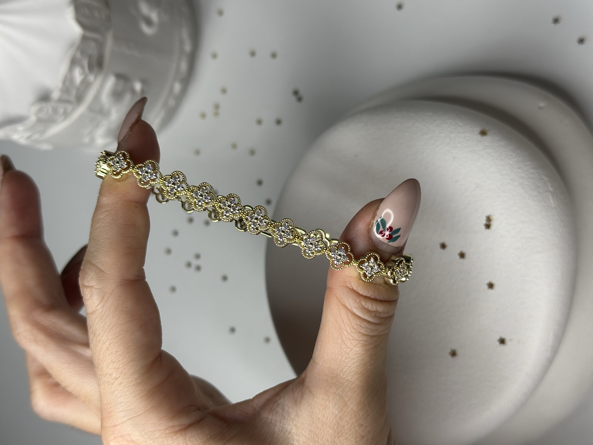 14 k Altın Kaplama Yonca Taşlı Ayarlanabilir Bileklik